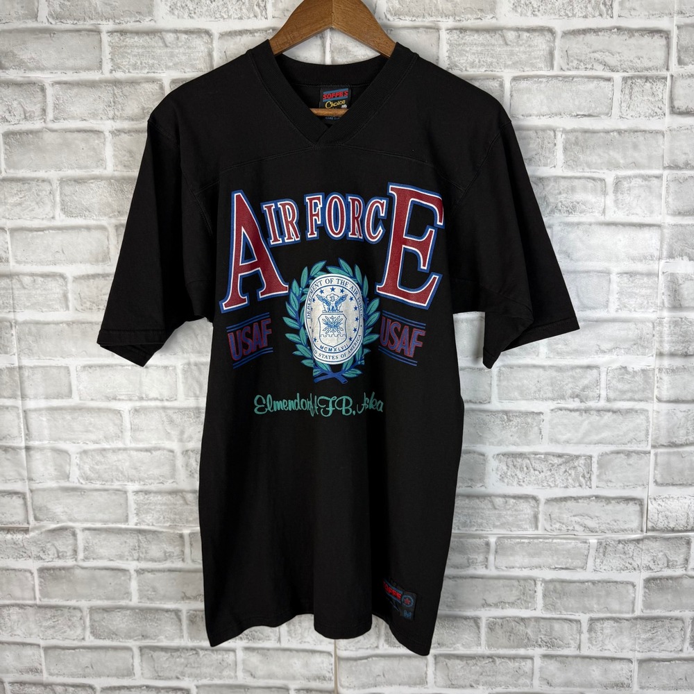 Soffe Choice Air Force Elmendorf AFB Alaska V-Neck T-Shirt Mens Medium Black USA